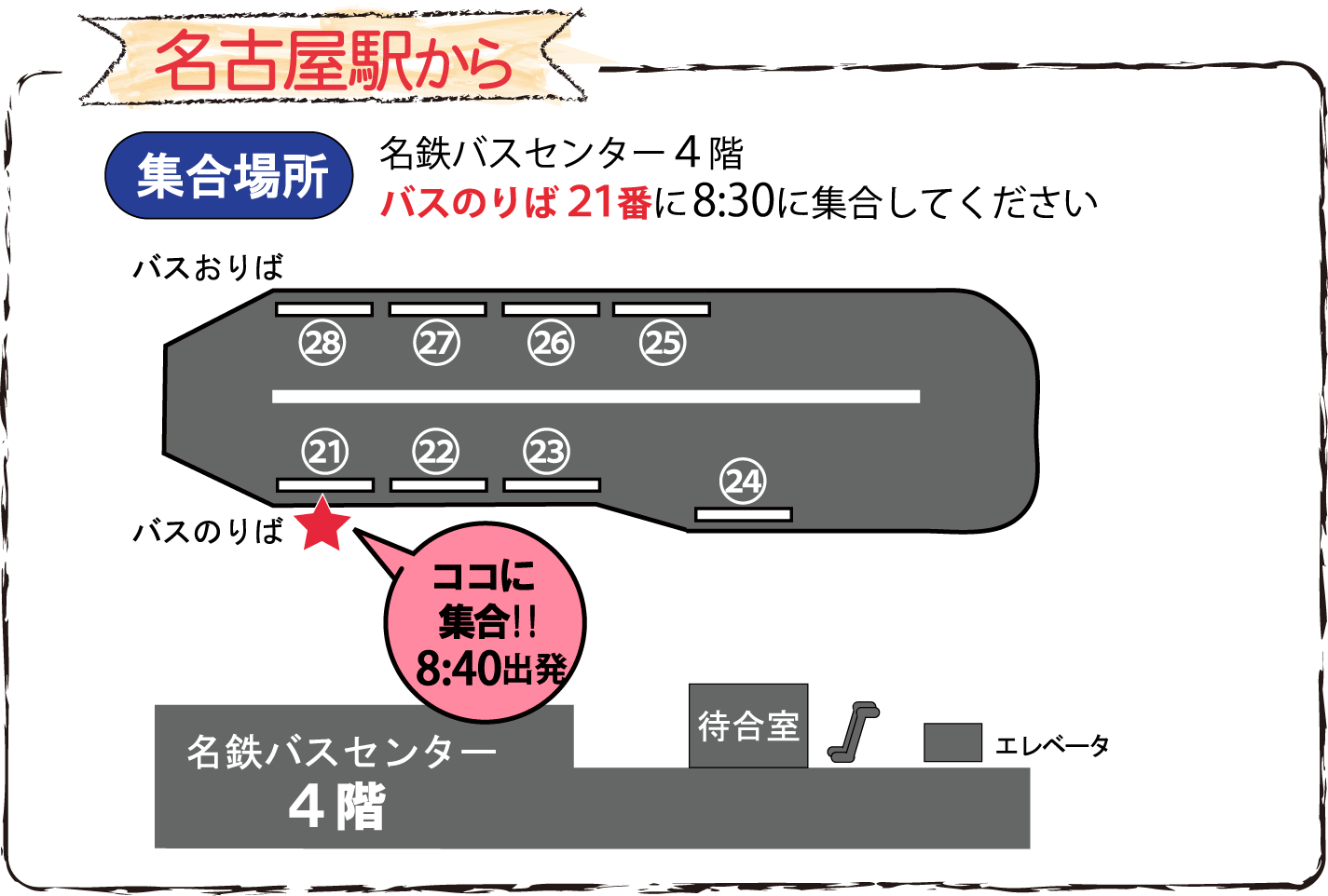 名鉄バスセンター4階 21番乗り場を8：40に出発！